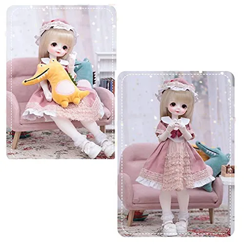1/6 BJD Doll 14-15 Ball Jointed Doll DIY Toys with Full Set Clothes Shoes Wig Makeup, Rotatable Joints Lifelike with Brown Wig Pink Dress Nice