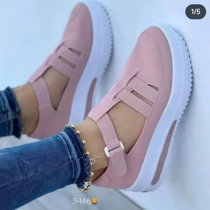 2024 summer new foreign trade large size women's thick bottom hollow sports casual shoes round head polyurethane sole