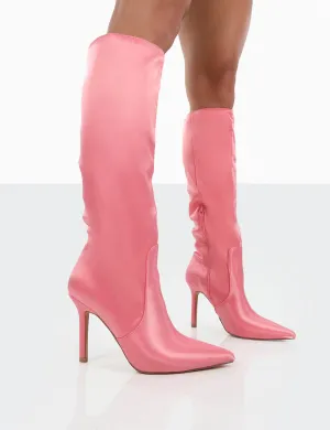 Best Believe Pink Satin Pointed Toe Heeled Knee High Boots