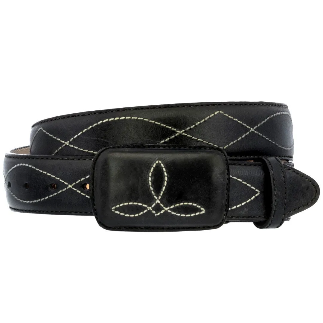 Black Western Cowboy Leather Belt Classic Embroidery - Rodeo Buckle