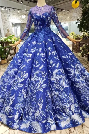 Blue Ball Gown Floral Prom Dresses with Long Sleeves Appliqued Long Quinceanera Dresses N1638