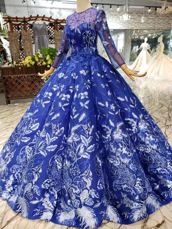 Blue Ball Gown Floral Prom Dresses with Long Sleeves Appliqued Long Quinceanera Dresses N1638
