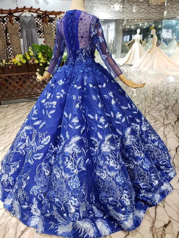 Blue Ball Gown Floral Prom Dresses with Long Sleeves Appliqued Long Quinceanera Dresses N1638