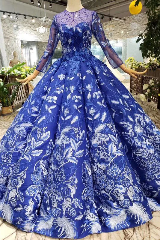 Blue Ball Gown Floral Prom Dresses with Long Sleeves Appliqued Long Quinceanera Dresses N1638