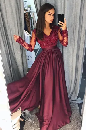 Burgundy A Line Brush Train V Neck Long Sleeve Lace Prom Dress AHC552