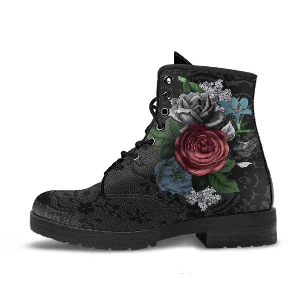 Combat Boots - Vintage Flowers with Black Lace Print | Custom Shoes, Vegan Leather Lace Up Boots Women, Women's Boots