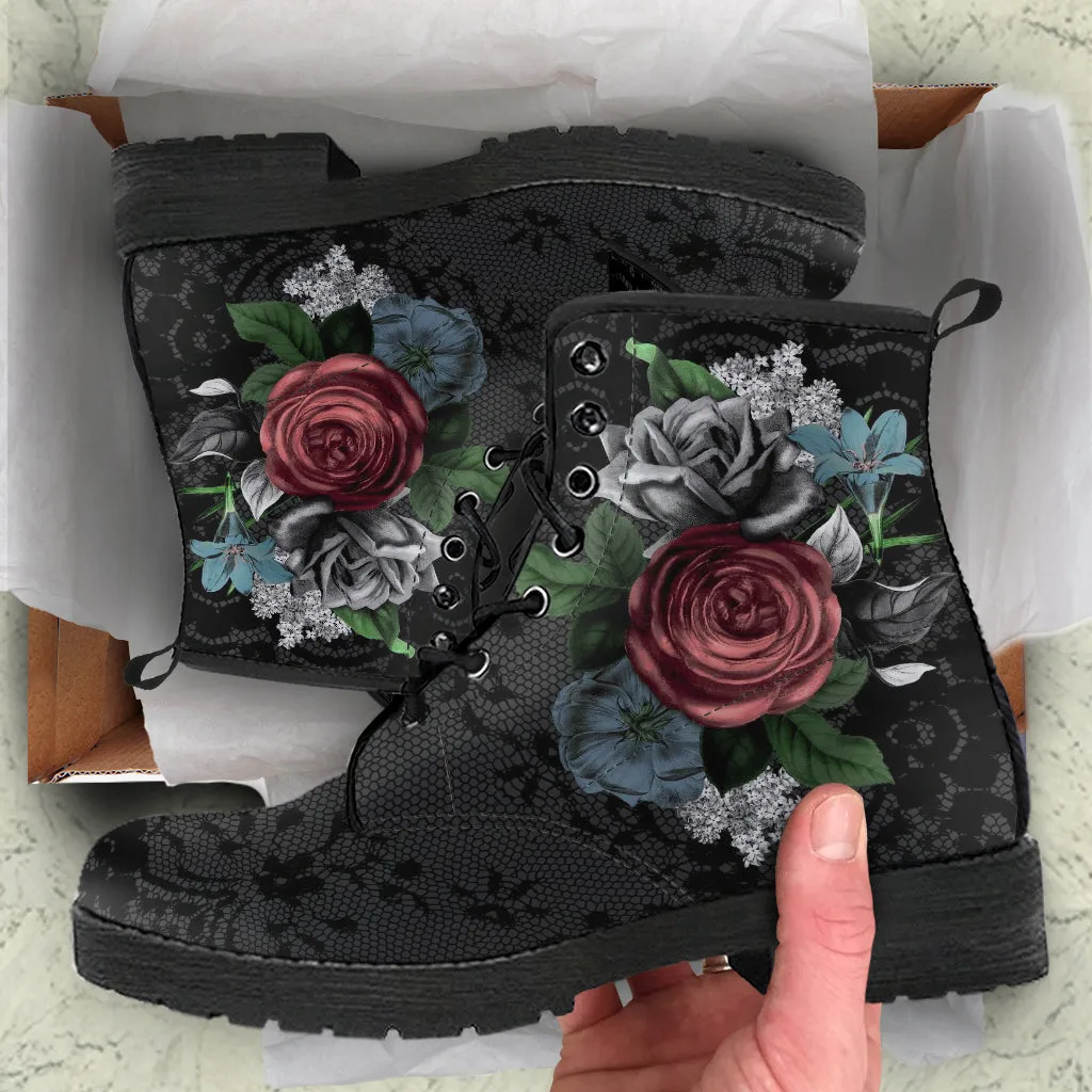 Combat Boots - Vintage Flowers with Black Lace Print | Custom Shoes, Vegan Leather Lace Up Boots Women, Women's Boots