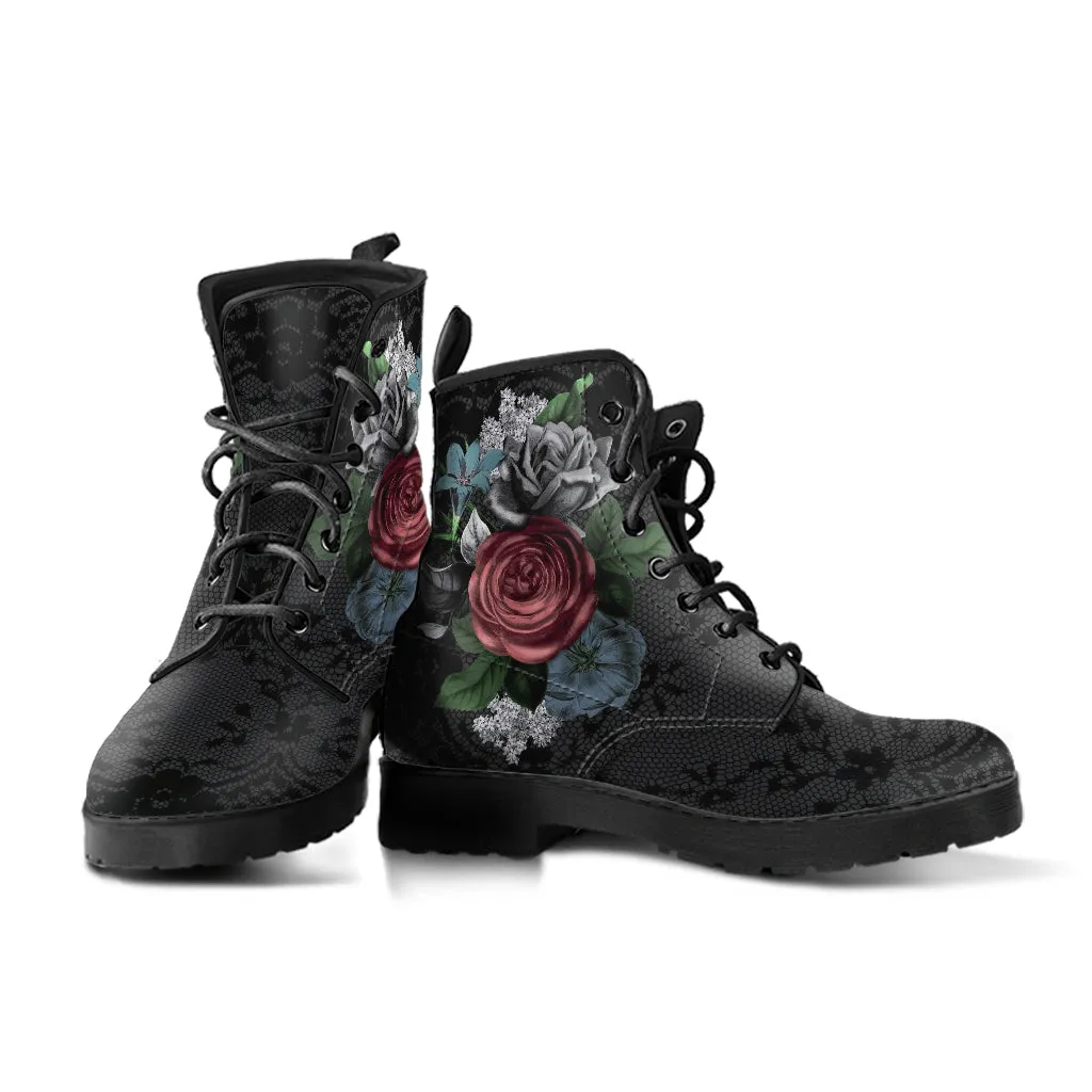 Combat Boots - Vintage Flowers with Black Lace Print | Custom Shoes, Vegan Leather Lace Up Boots Women, Women's Boots