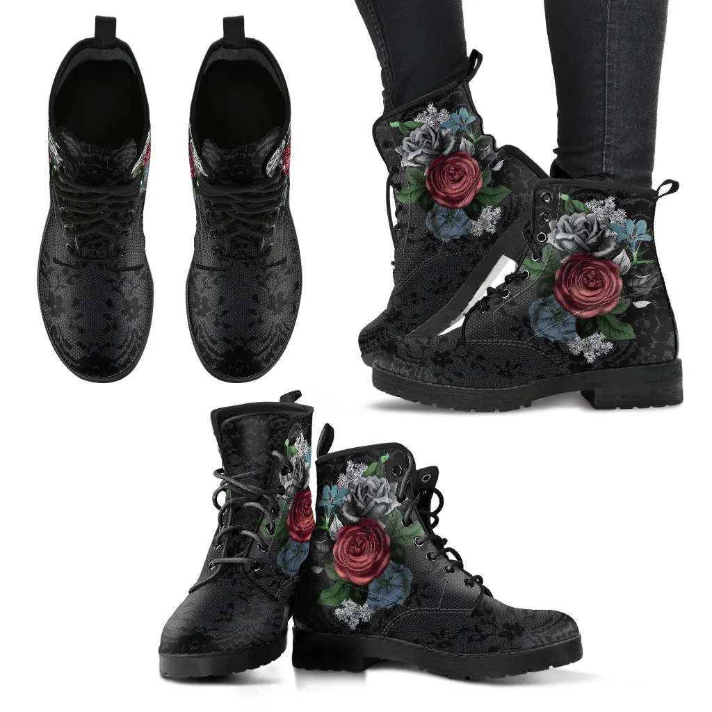 Combat Boots - Vintage Flowers with Black Lace Print | Custom Shoes, Vegan Leather Lace Up Boots Women, Women's Boots