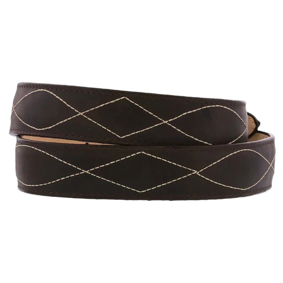 Dark Brown Western Cowboy Leather Belt Classic Embroidery - Rodeo Buckle