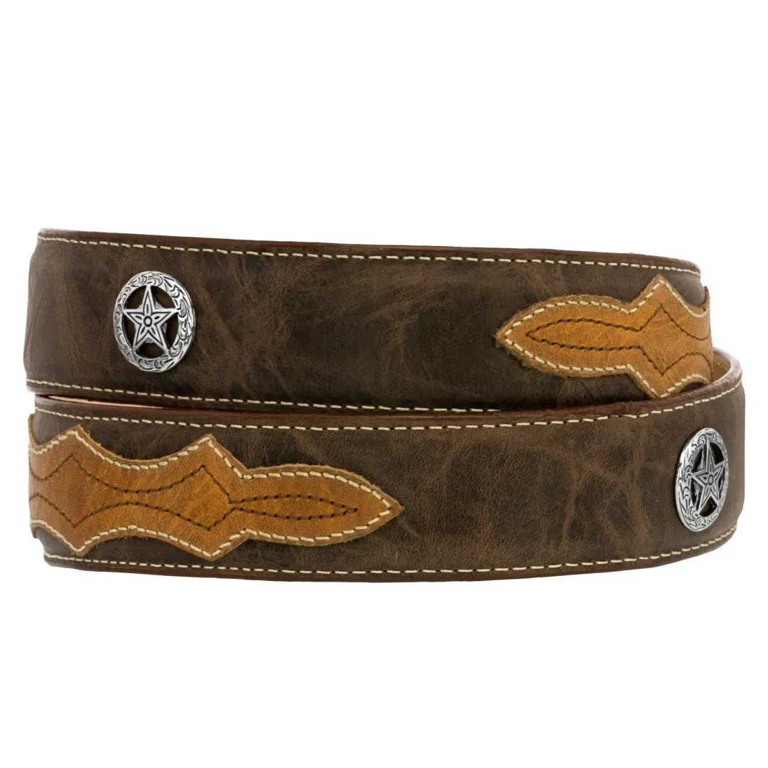Dark Brown Western Cowboy Leather Belt Ranger Concho - Silver Buckle