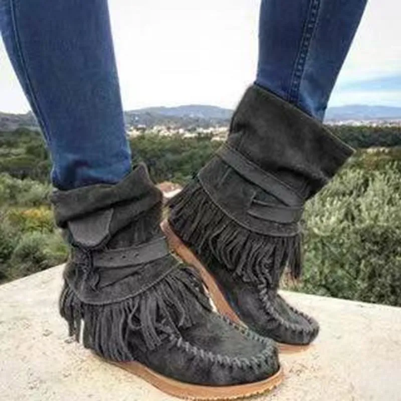 Fringe Middle Boots Women Sexy Tassel Boots Fashion Buckle