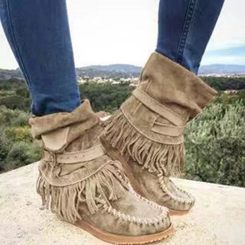 Fringe Middle Boots Women Sexy Tassel Boots Fashion Buckle