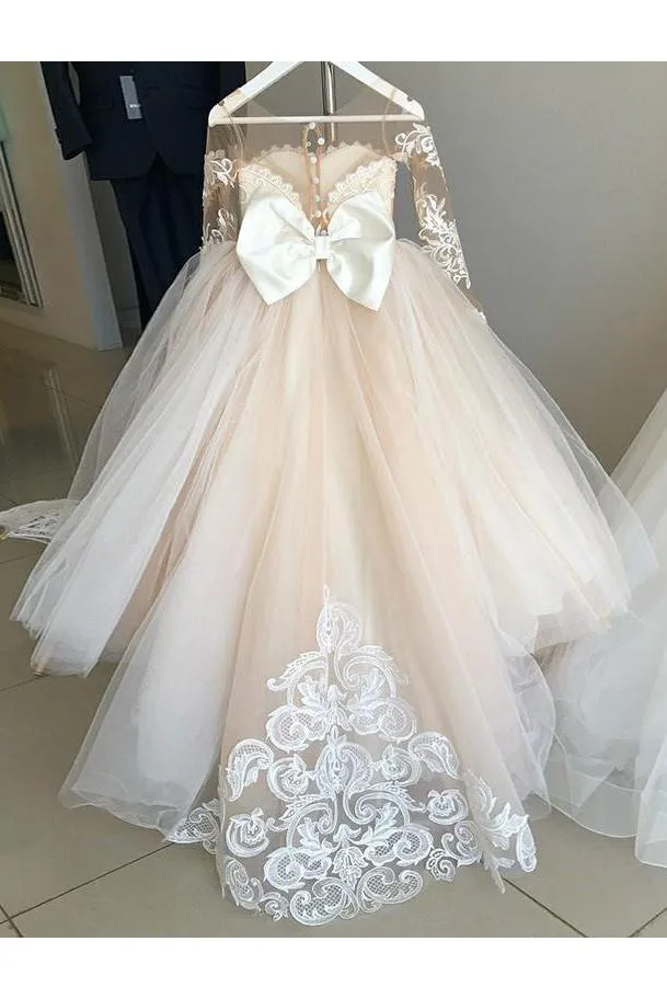 Gorgeous Long Sleeveless Appliqued Tulle Long Flower Girl Dress With Bow F038