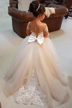 Gorgeous Long Sleeveless Appliqued Tulle Long Flower Girl Dress With Bow F038