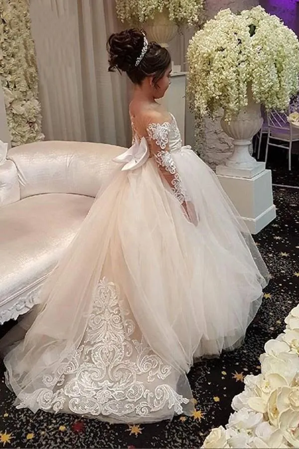 Gorgeous Long Sleeveless Appliqued Tulle Long Flower Girl Dress With Bow F038