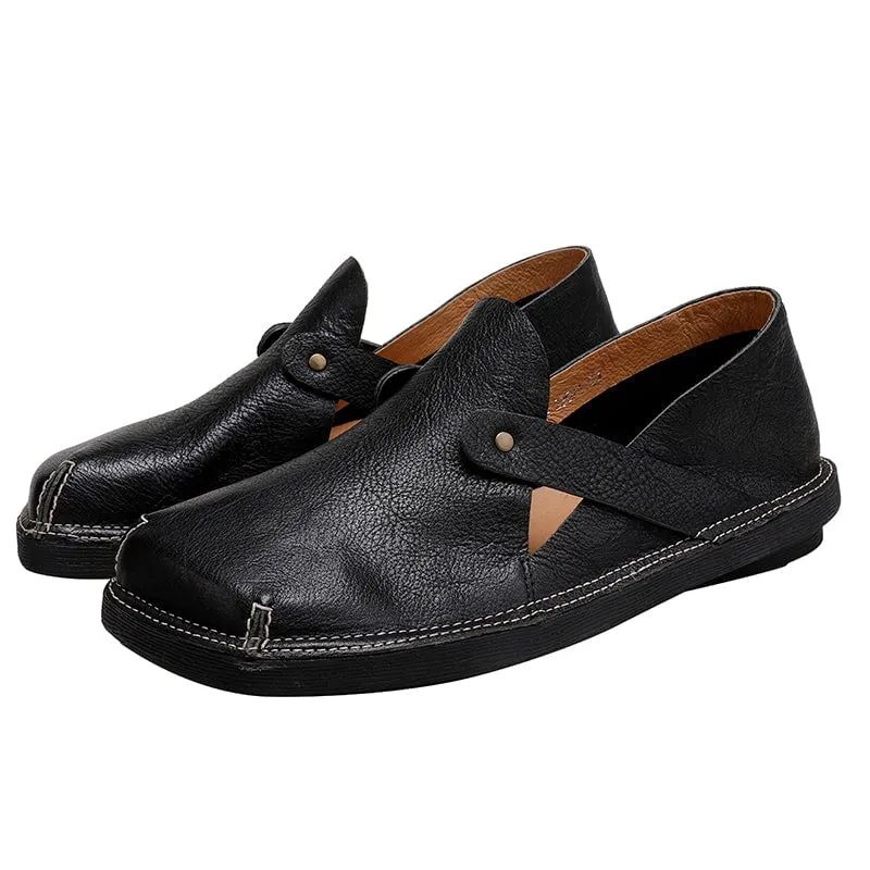 Handmade Leather Flats For Womens Square Toe Soft in Black/Coffee
