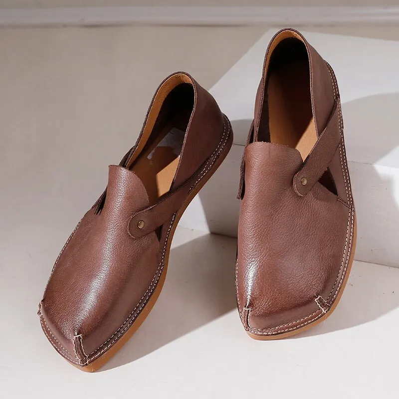 Handmade Leather Flats For Womens Square Toe Soft in Black/Coffee