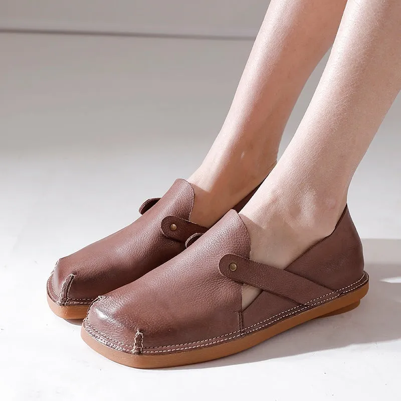 Handmade Leather Flats For Womens Square Toe Soft in Black/Coffee