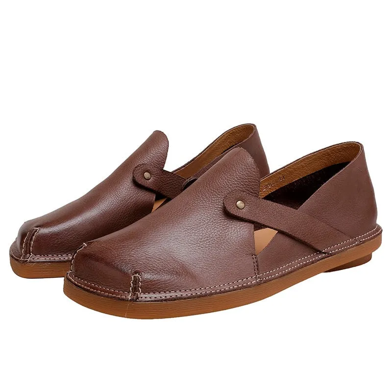 Handmade Leather Flats For Womens Square Toe Soft in Black/Coffee