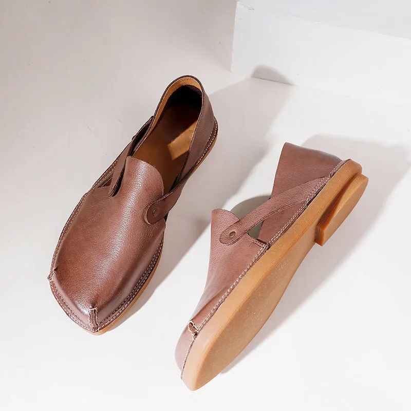 Handmade Leather Flats For Womens Square Toe Soft in Black/Coffee