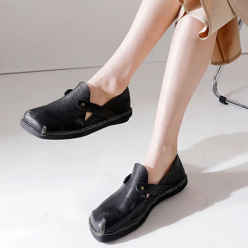 Handmade Leather Flats For Womens Square Toe Soft in Black/Coffee