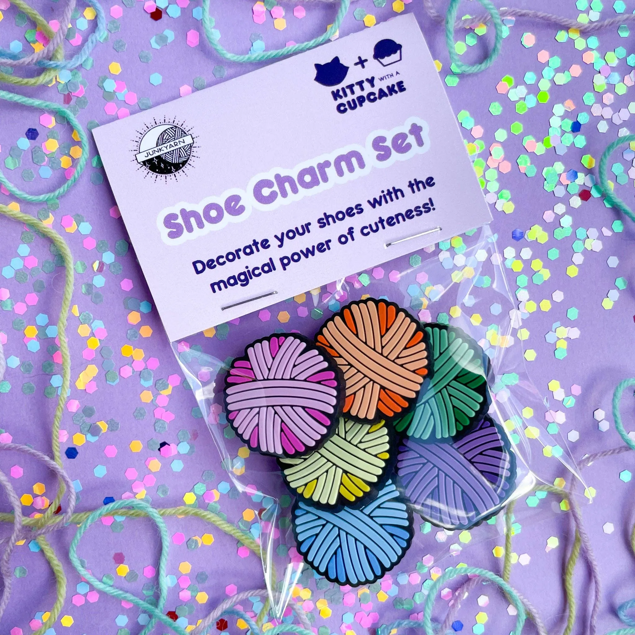 Kitty With A Cupcake - Rainbow Yarn Ball Shoe Charm Set