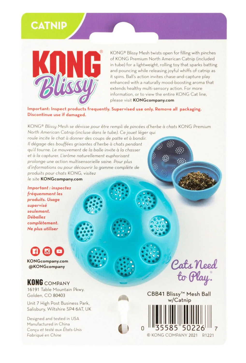 KONG Blissy Mesh Ball w/Catnip, Teal, Small