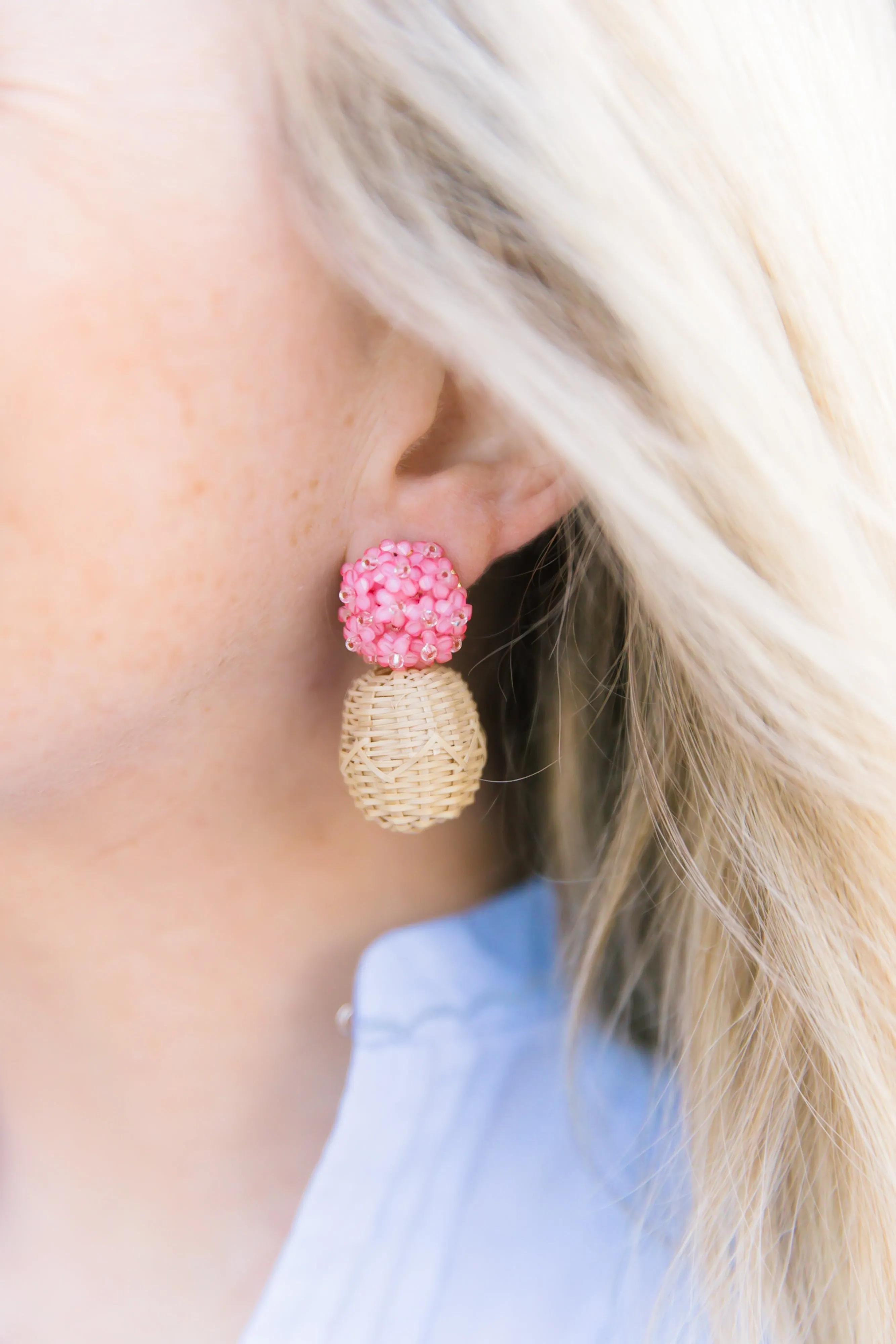 Liz Rattan Ball Pink Earrings