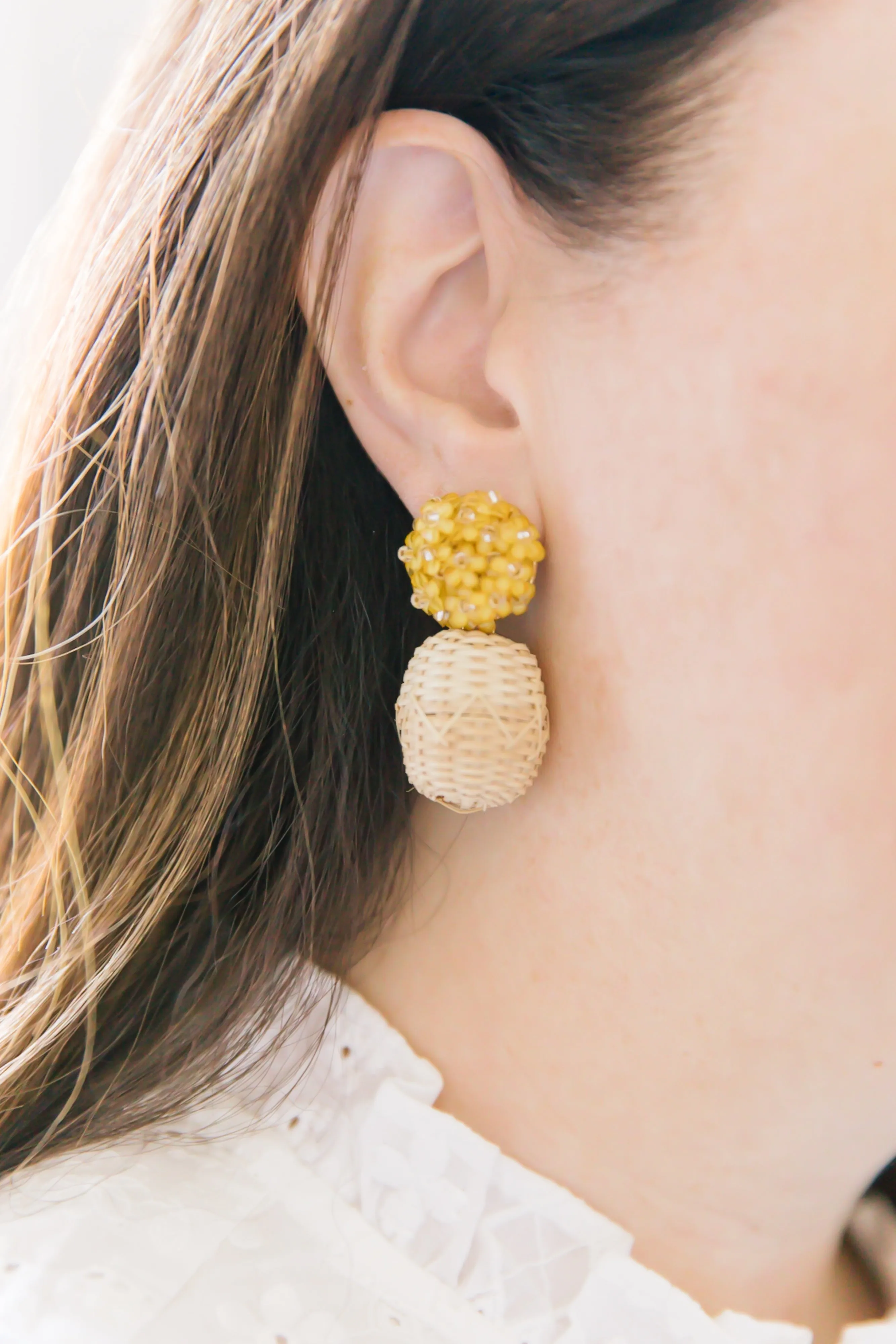 Liz Rattan Ball Yellow Earrings - Clip On