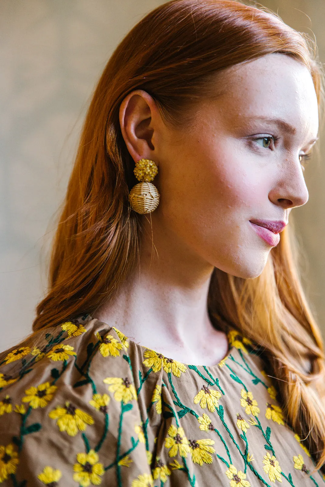 Liz Rattan Ball Yellow Earrings - Clip On