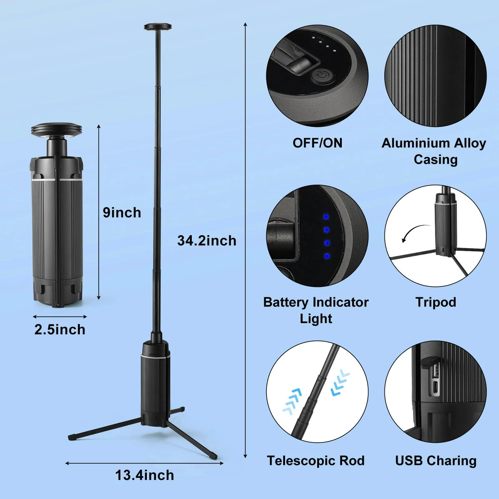 MACHFALLY 2000 Lumen Camping Light,Working Lantern,LED Barbecue Light, Retractable Adjustable Metal Bracket with Tripod,USB Rechargeable Portable Camping Light,Suitable for Camping,Fishing,etc…