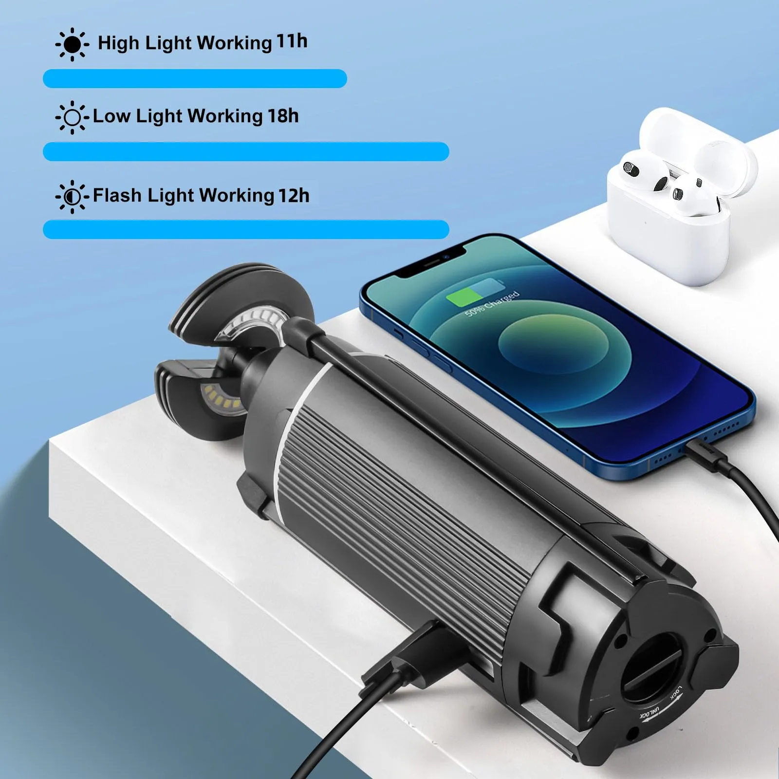 MACHFALLY 2000 Lumen Camping Light,Working Lantern,LED Barbecue Light, Retractable Adjustable Metal Bracket with Tripod,USB Rechargeable Portable Camping Light,Suitable for Camping,Fishing,etc…