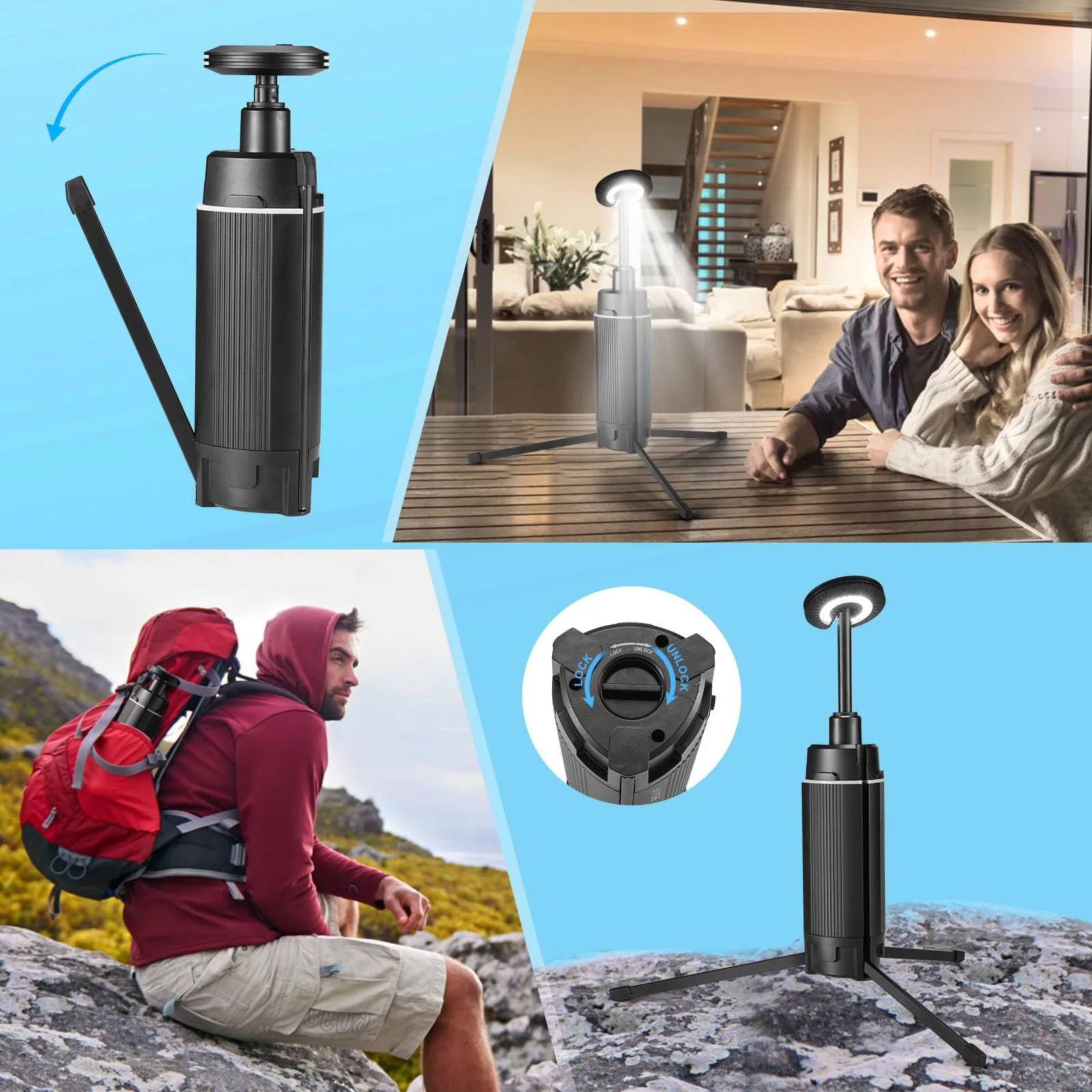 MACHFALLY 2000 Lumen Camping Light,Working Lantern,LED Barbecue Light, Retractable Adjustable Metal Bracket with Tripod,USB Rechargeable Portable Camping Light,Suitable for Camping,Fishing,etc…