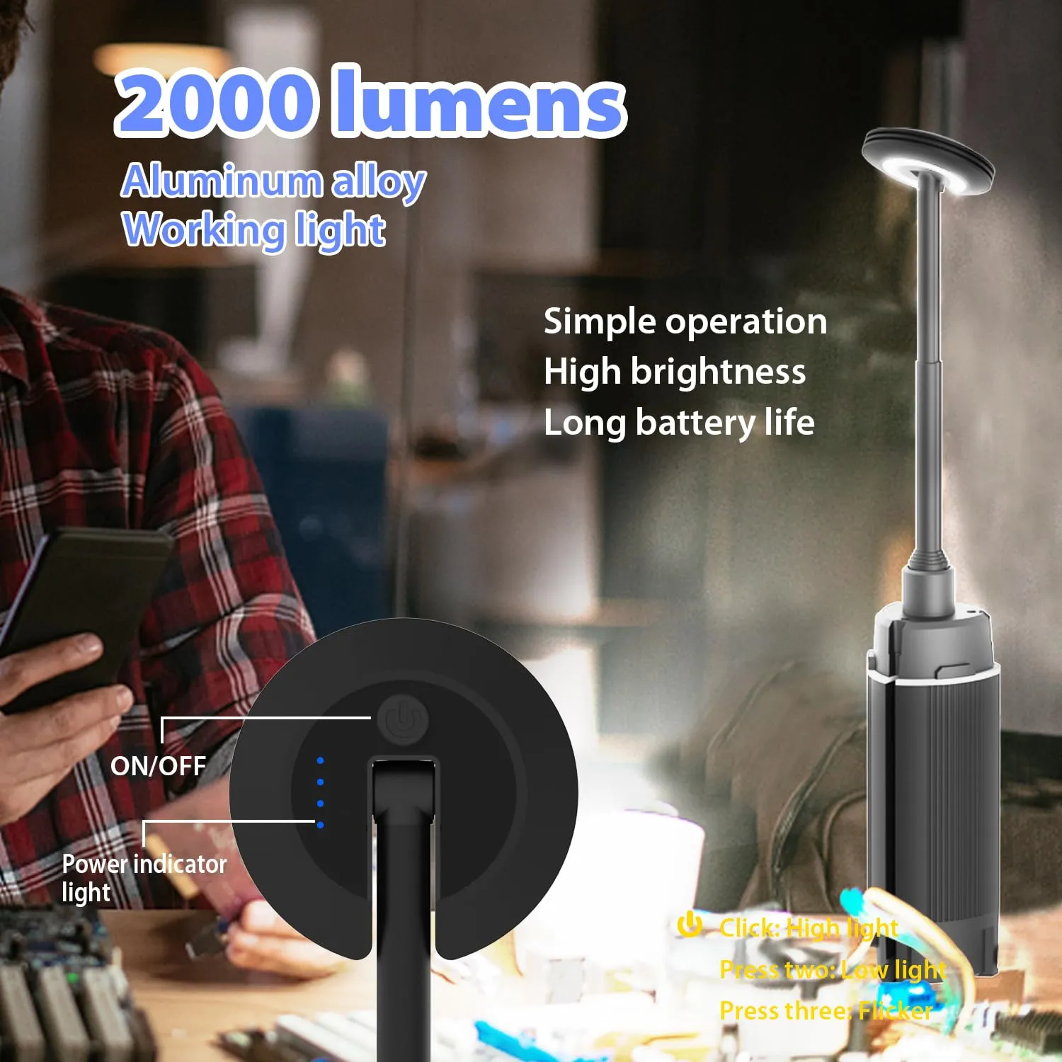 MACHFALLY 2000 Lumen Camping Light,Working Lantern,LED Barbecue Light, Retractable Adjustable Metal Bracket with Tripod,USB Rechargeable Portable Camping Light,Suitable for Camping,Fishing,etc…