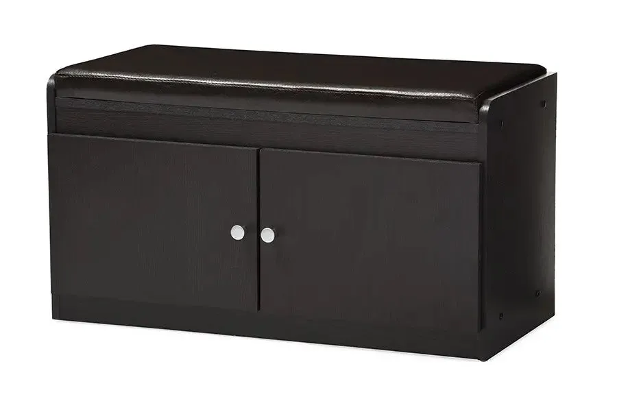 Margaret Dark Brown Wood 2-Door Shoe Cabinet with Faux Leather Seating Bench