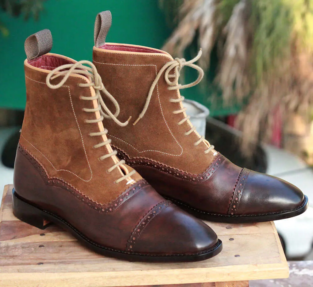 Men's Ankle High Brown Cap Toe Boot,Handmade Leather Suede Lace Up Boots