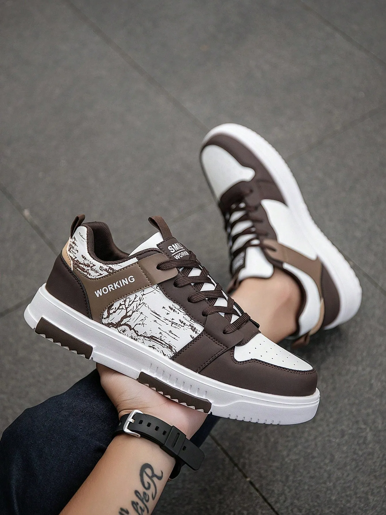 Men's Niche Color Block Lace-Up Front Flat Casual Sports Shoes, Random Print Pattern Comfortable Street Couple Sneakers