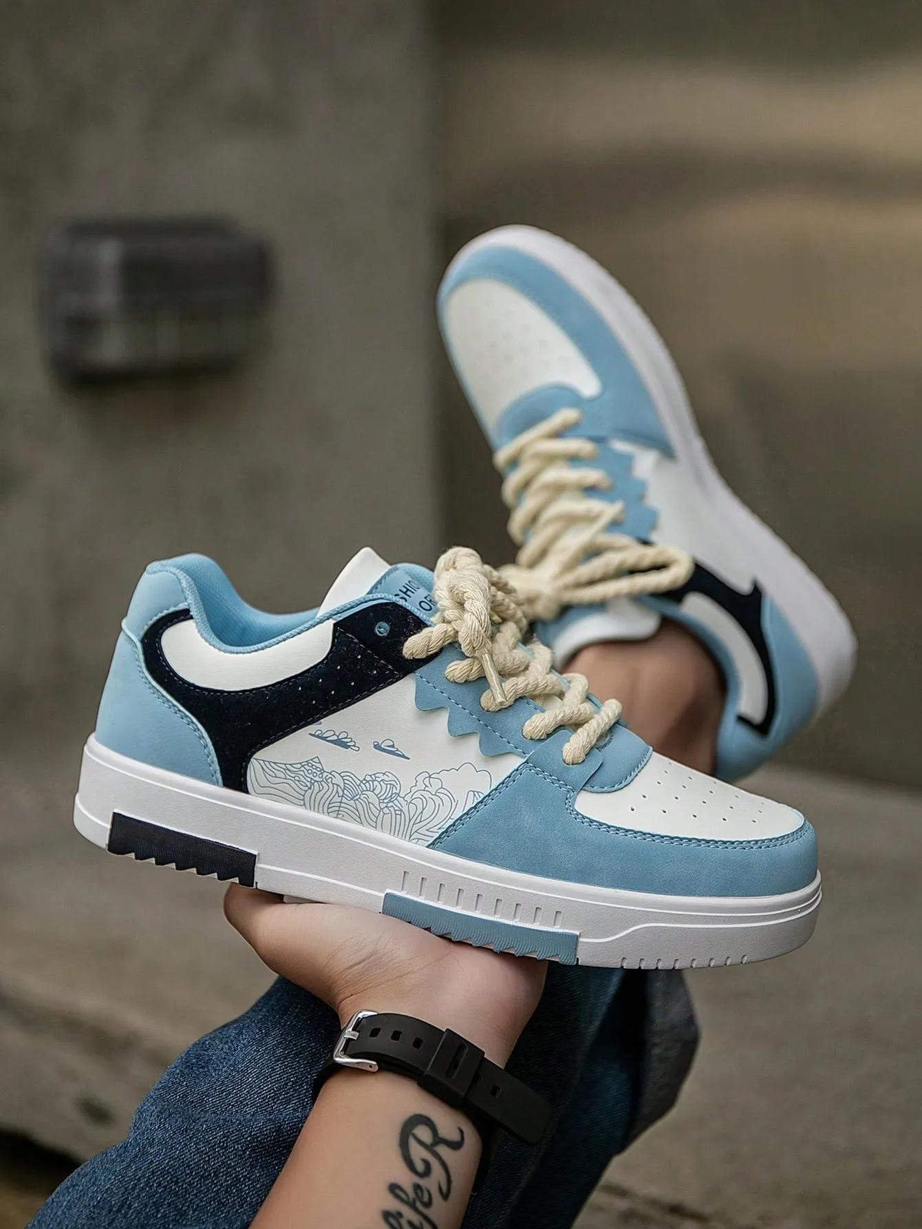 Men's Niche Color Block Lace-Up Front Flat Casual Sports Shoes, Random Print Pattern Comfortable Street Couple Sneakers