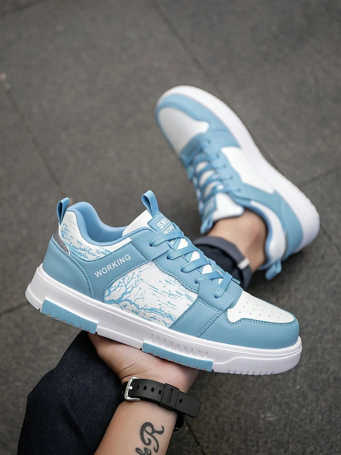 Men's Niche Color Block Lace-Up Front Flat Casual Sports Shoes, Random Print Pattern Comfortable Street Couple Sneakers
