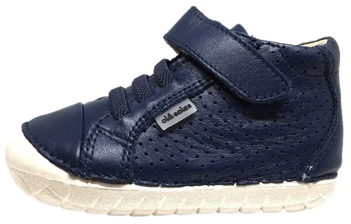 Old Soles Boy's and Girl's Pave Cheer Denim Navy Leather High Top Elastic Hook and Loop Walker Baby Shoe Sneaker