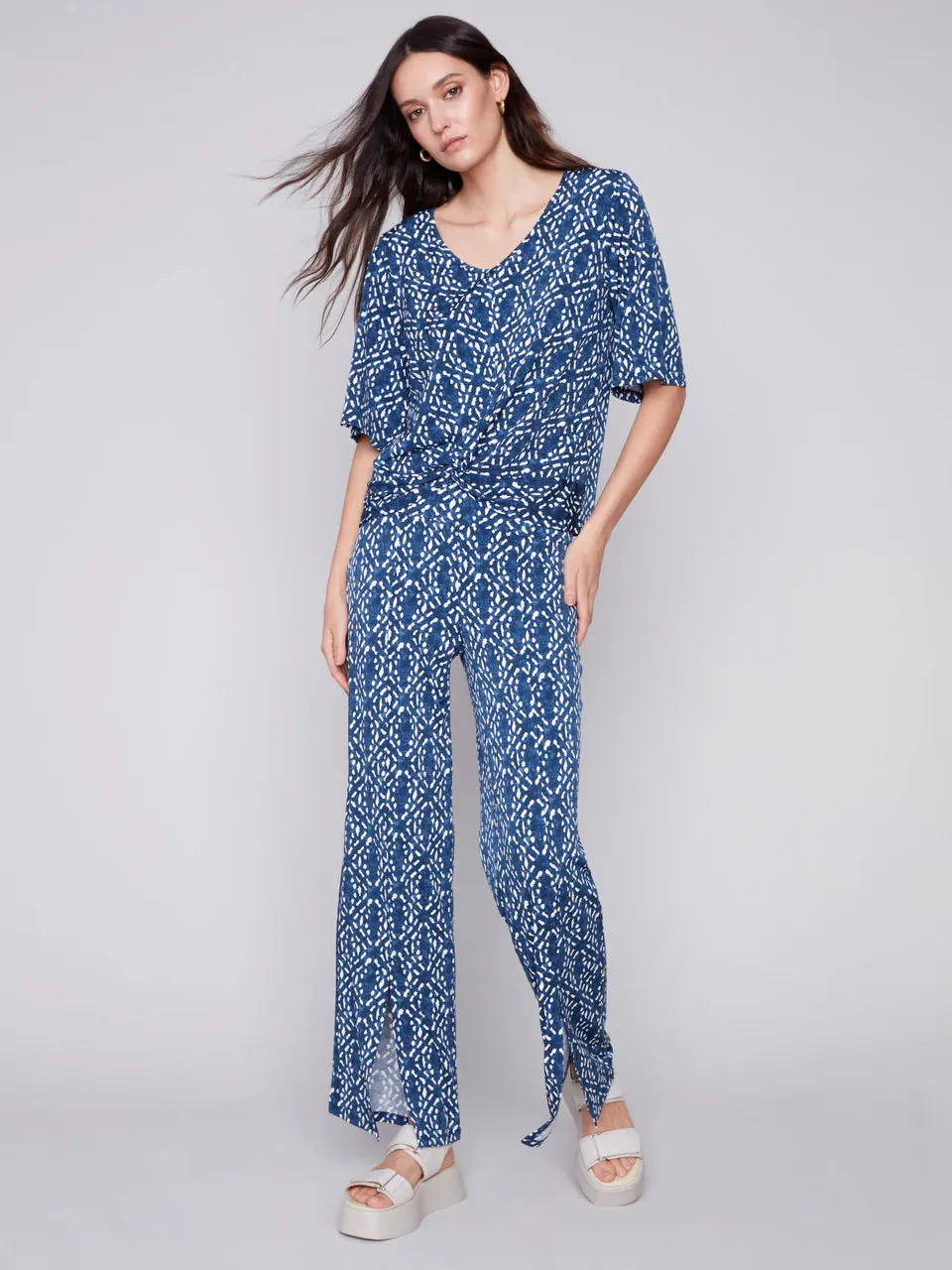 Printed Wide Leg Pants with Front Slits