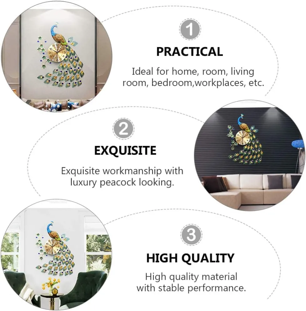 Prosfia European Style Peacock Wall Clock Crystal Luxury Living Room Clock Creative Personality Modern Art Decorative Clock Mute Wall Watch Quartz Clock - Analog, 65 Cm