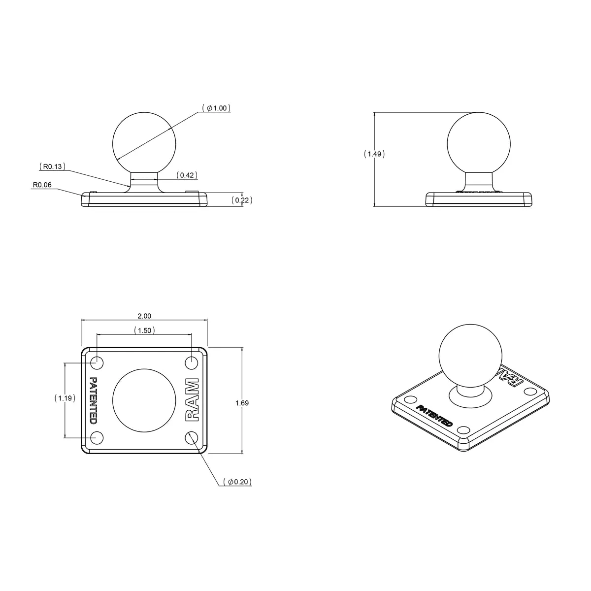 Ram Ball Adapter w/ AMPS Plate - B Size | RAM-B-347U