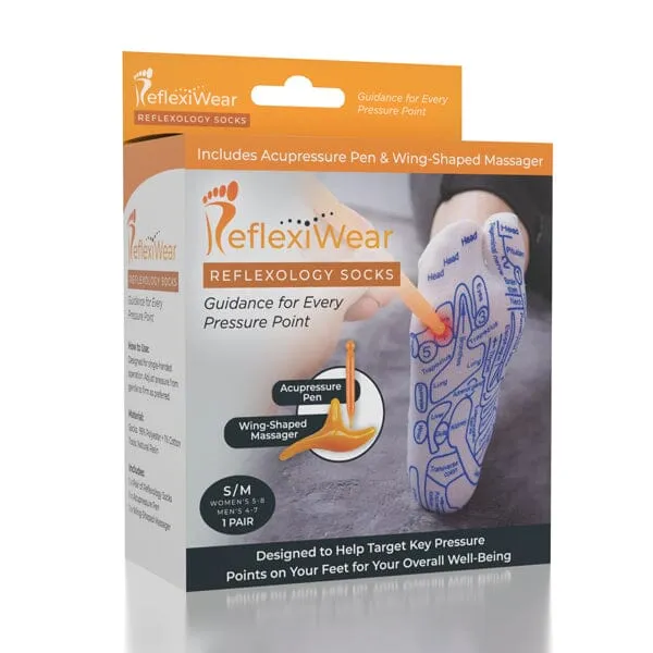 ReflexiWear Reflexology Socks Foot Pressure Point Guide Map (Multiple Sizes) 2 Massage Tools Included