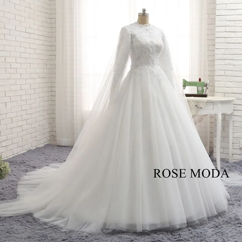 Rosemoda Long Sleeve Muslim Ball Gown Wedding Dress With Delicate Beading