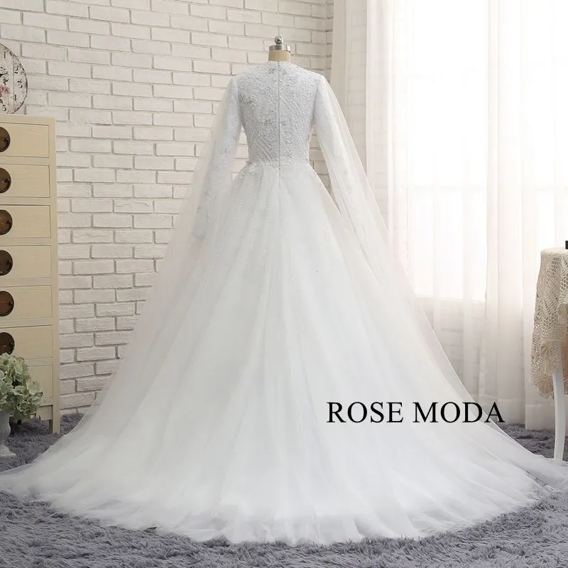 Rosemoda Long Sleeve Muslim Ball Gown Wedding Dress With Delicate Beading