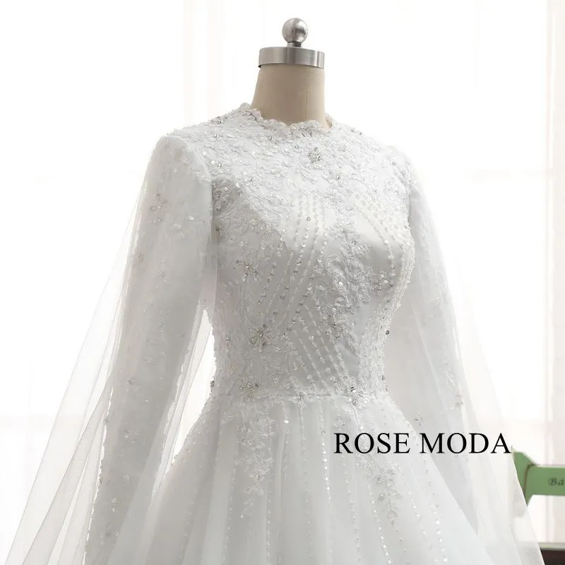 Rosemoda Long Sleeve Muslim Ball Gown Wedding Dress With Delicate Beading