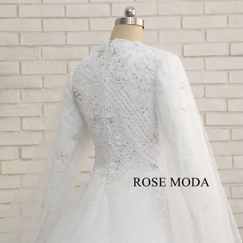 Rosemoda Long Sleeve Muslim Ball Gown Wedding Dress With Delicate Beading