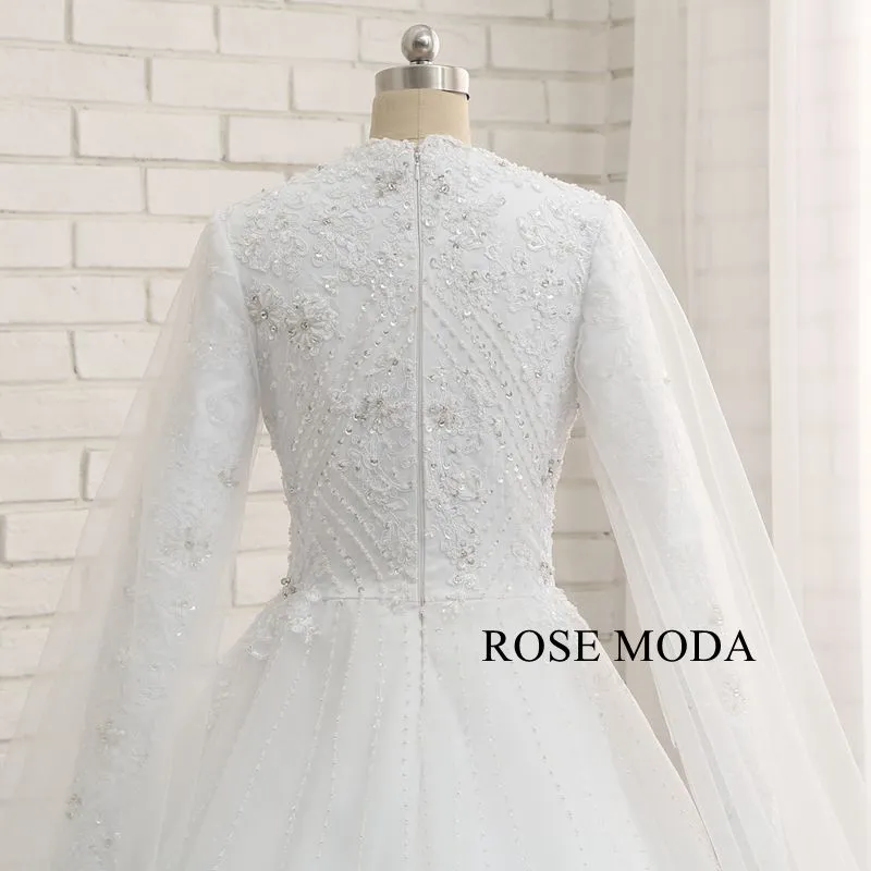 Rosemoda Long Sleeve Muslim Ball Gown Wedding Dress With Delicate Beading